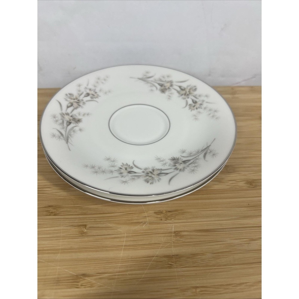 H&C Selb Heinrich Bavaria Teacup Saucers Gray Floral Platinum 6"‎ Set of 2